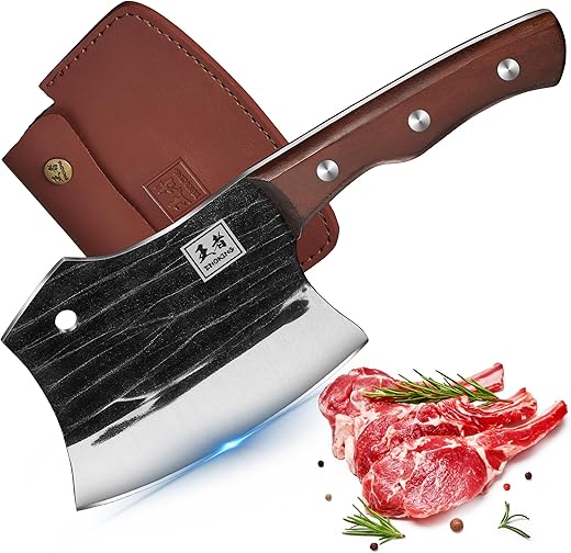 ENOKING Hackmesser, 14.5cm Küchenbeil,Full Tang schweres Hackbeil,Fleischerbeil zum Hacken von Knochen, handgeschmiedetes Knochenmesser für Küchen Camping BBQ